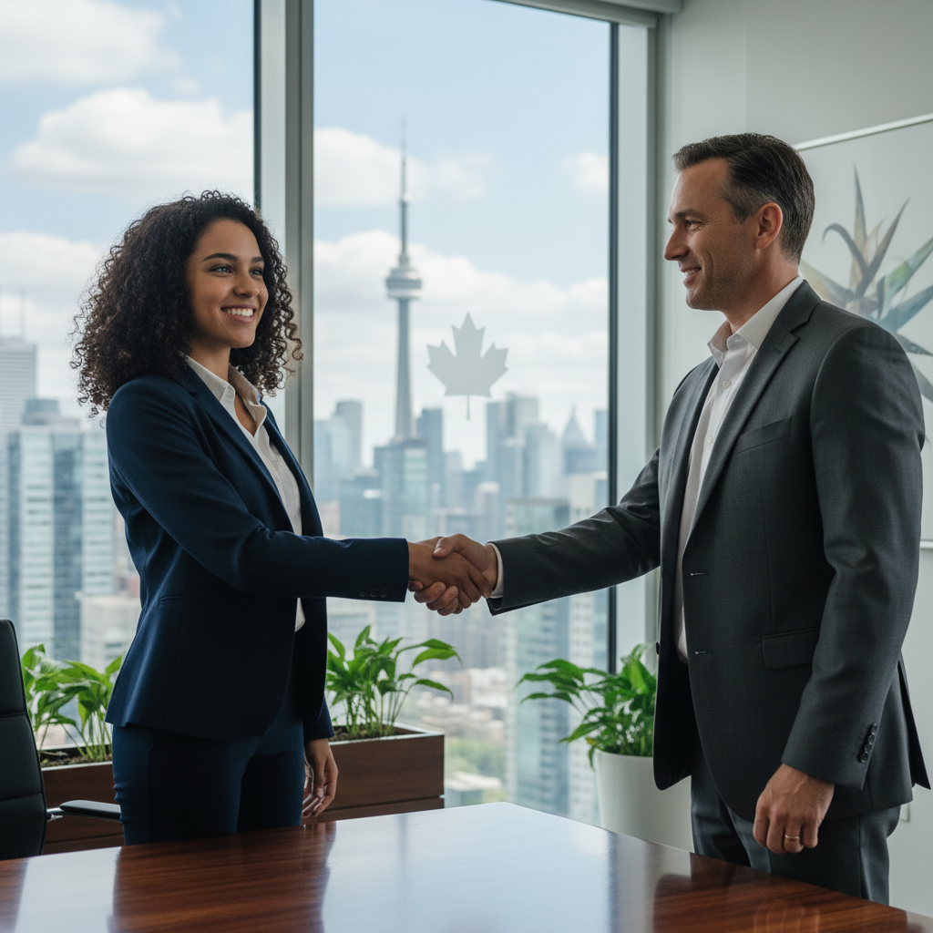 A photorealistic image of a professional adult shaking hands with a business executive in a modern Canadian office, symbolizing the excitement of receiving a job offer for immigration purposes, with subtle Canadian elements like a maple leaf flag in the background, no children or documents visible.