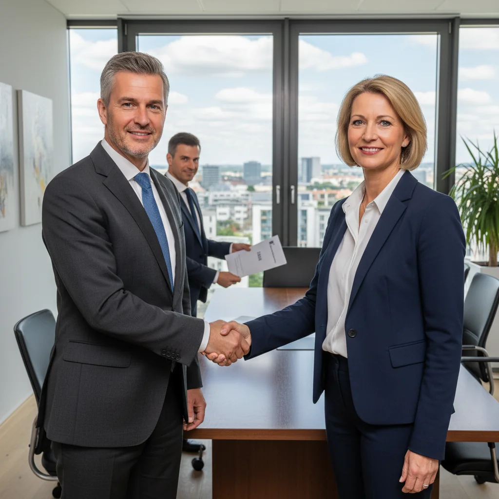 A photorealistic image of a professional business meeting in a modern German office, where a lawyer or business consultant is shaking hands with a client over a table, symbolizing the agreement and formal offer process in German business law. The atmosphere is confident and professional, with subtle German elements like a flag or architecture in the background. No children or any individuals under 18 are present. The image must be entirely photorealistic, captured as if by a high-resolution camera, with no graphics, drawings, illustrations, or cartoonish elements.