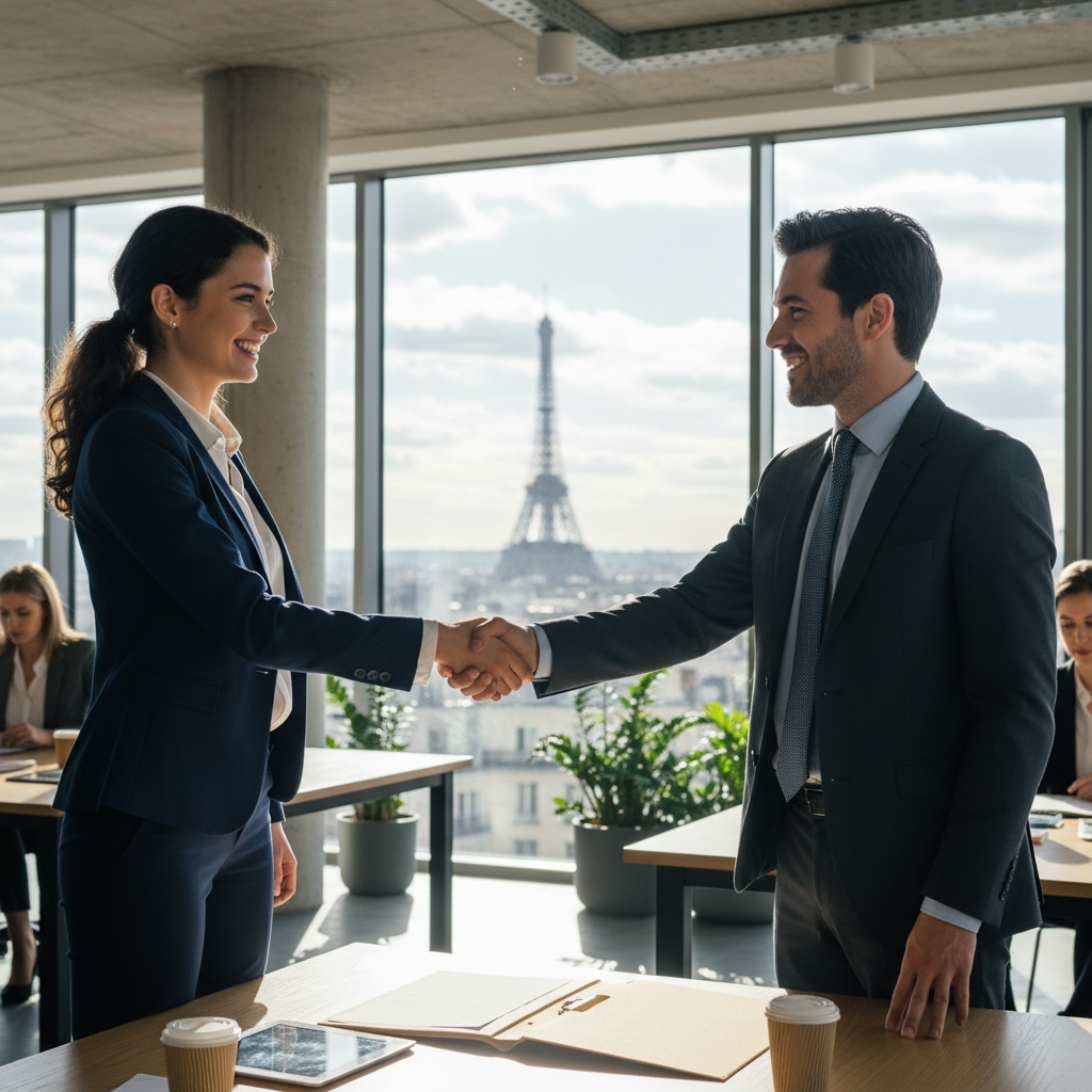A photorealistic image depicting a professional adult in a modern French office environment, shaking hands with a colleague to symbolize a job offer acceptance, with subtle French elements like the Eiffel Tower in the background visible through a window, conveying excitement and opportunity in employment.