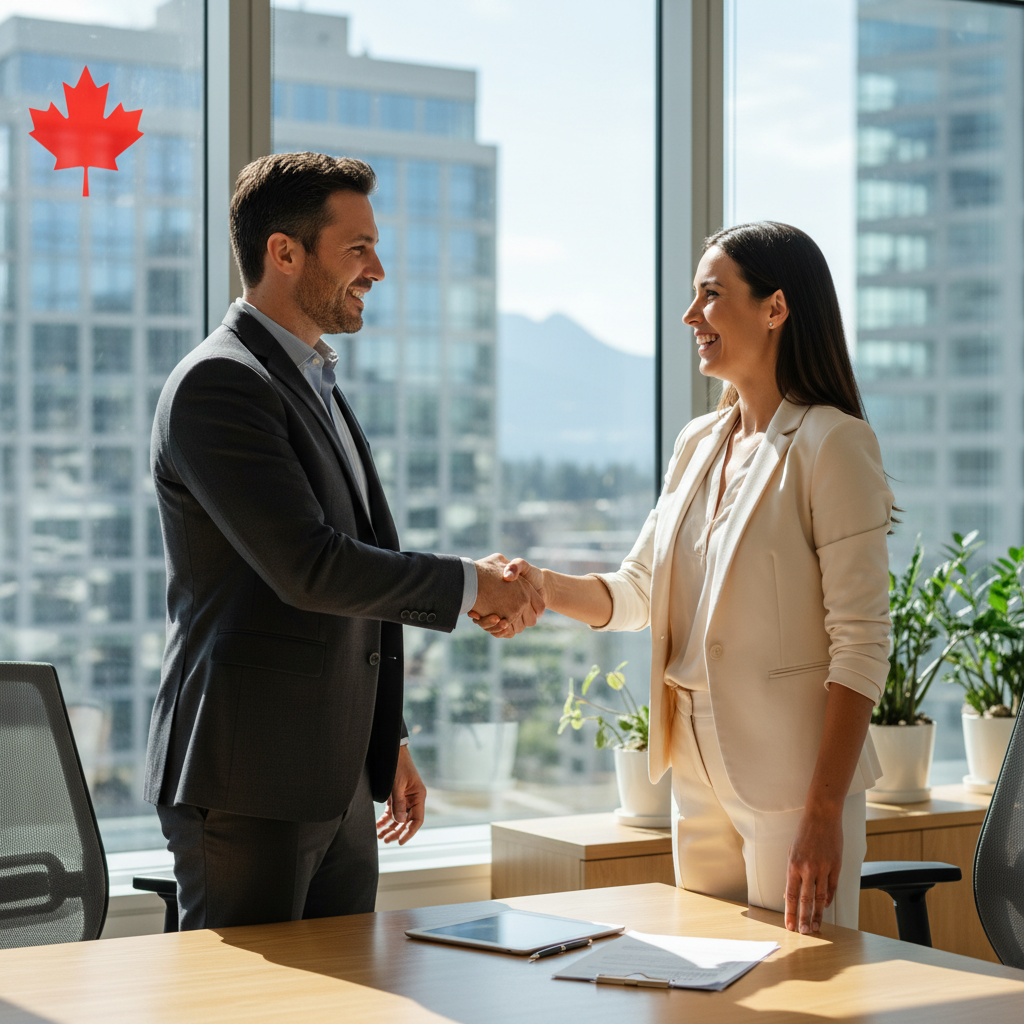 A photorealistic image of a diverse group of adult professionals in a modern Canadian office setting, shaking hands enthusiastically to symbolize a new job offer, with subtle Canadian elements like a maple leaf in the background, conveying excitement and opportunity in employment.