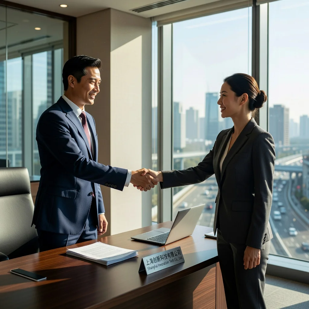 A photorealistic image of a professional adult in a modern office environment, shaking hands with a colleague during a job offer meeting, symbolizing employment acceptance and career opportunity in China, with subtle Chinese cultural elements like a city skyline in the background, no children present.