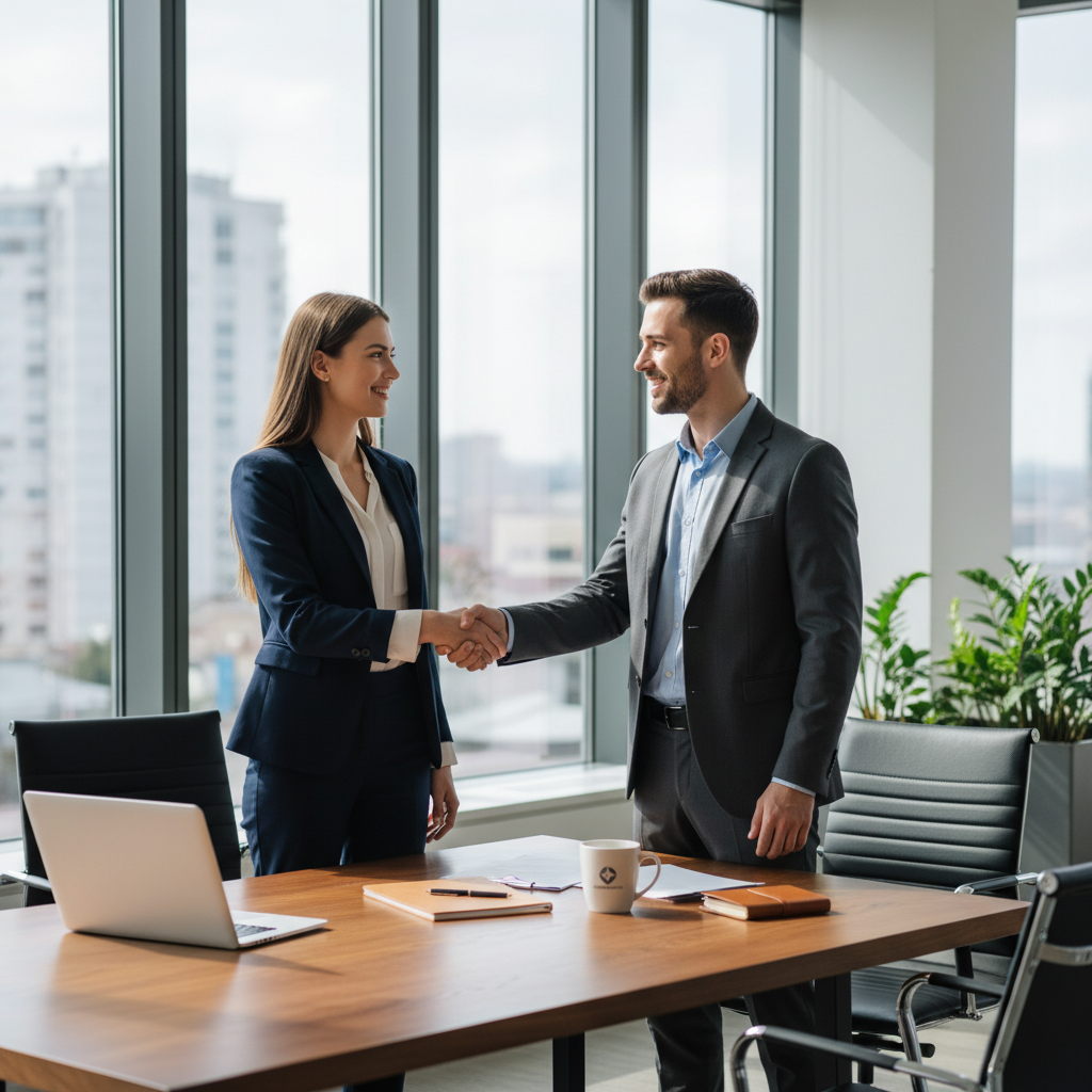 A photorealistic image depicting a professional adult in a business setting, shaking hands with a recruiter across a desk, symbolizing the promise of employment and job opportunity, with a modern office background, conveying excitement and anticipation for a new career start.