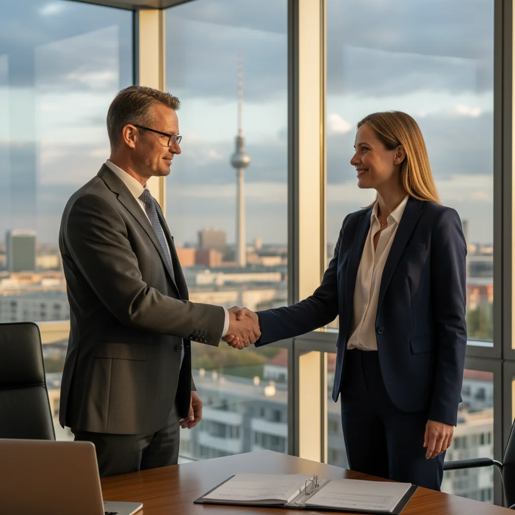 A photorealistic image of a confident German business professional in a modern office setting, shaking hands with a client across a desk, symbolizing the successful presentation and agreement of a business offer or proposal. The scene conveys professionalism, trust, and business success in a German corporate environment, with subtle German elements like a flag or architecture in the background. No children are present in the image.