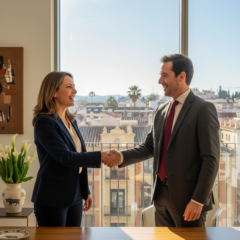 A photorealistic image of a professional adult shaking hands with a business colleague in a modern office setting in Spain, symbolizing the excitement of receiving a job offer and starting a new employment opportunity. The scene should convey positivity, professionalism, and career advancement, with subtle Spanish elements like a flag or architecture in the background. No children are present in the image.