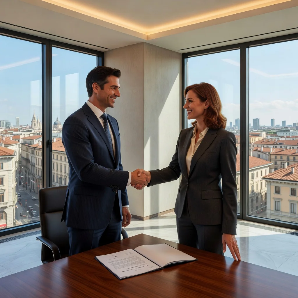 A photorealistic image of a professional adult in a modern Italian office, shaking hands with a colleague across a desk, symbolizing the excitement of receiving a job offer and starting a new career opportunity in Italy. The scene conveys positivity, professionalism, and the beginning of employment, with elements like a cityscape view of Rome or Milan in the background.