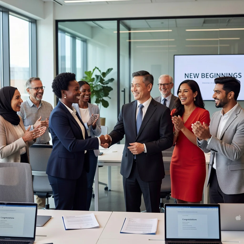 A photorealistic image of a diverse group of adult professionals in a modern office environment, shaking hands and smiling to celebrate a new job offer, symbolizing successful employment and career beginnings.