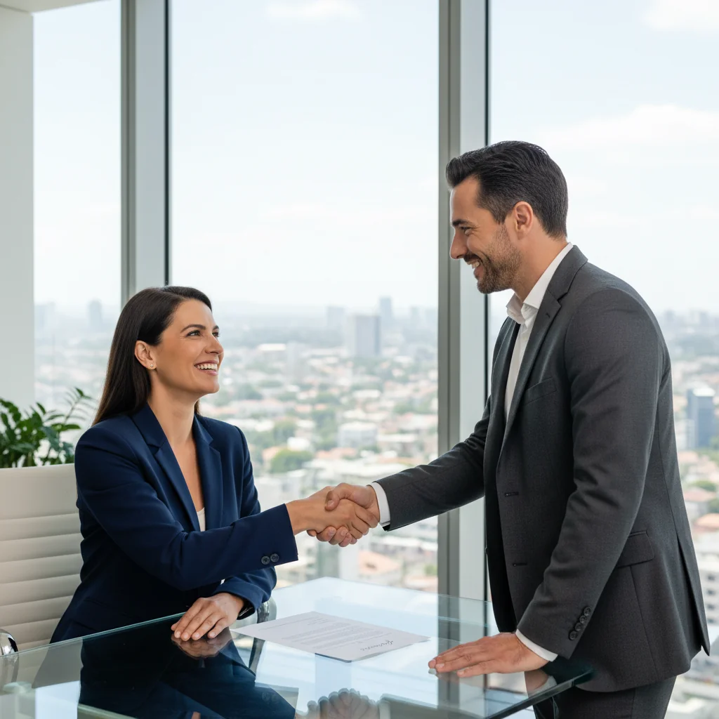 A photorealistic image of a confident adult professional in a modern office setting, shaking hands with a colleague across a desk, symbolizing successful negotiation of job terms. The scene conveys empowerment and positive business interaction, with no legal documents visible. No children are present.