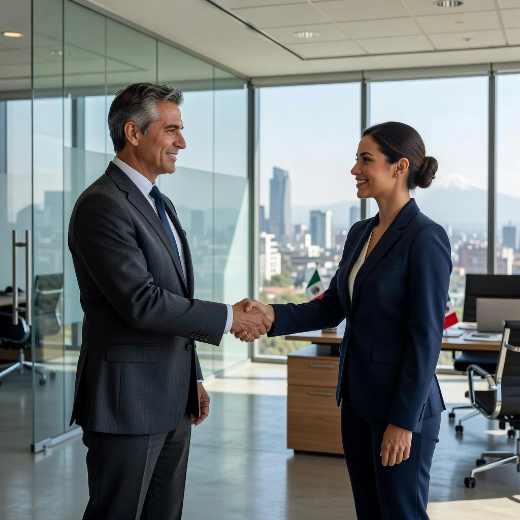 A photorealistic image of a professional adult handshake between an employer and a new employee in a modern Mexican office setting, symbolizing the offering of a job opportunity, with diverse adults in business attire, no children present.