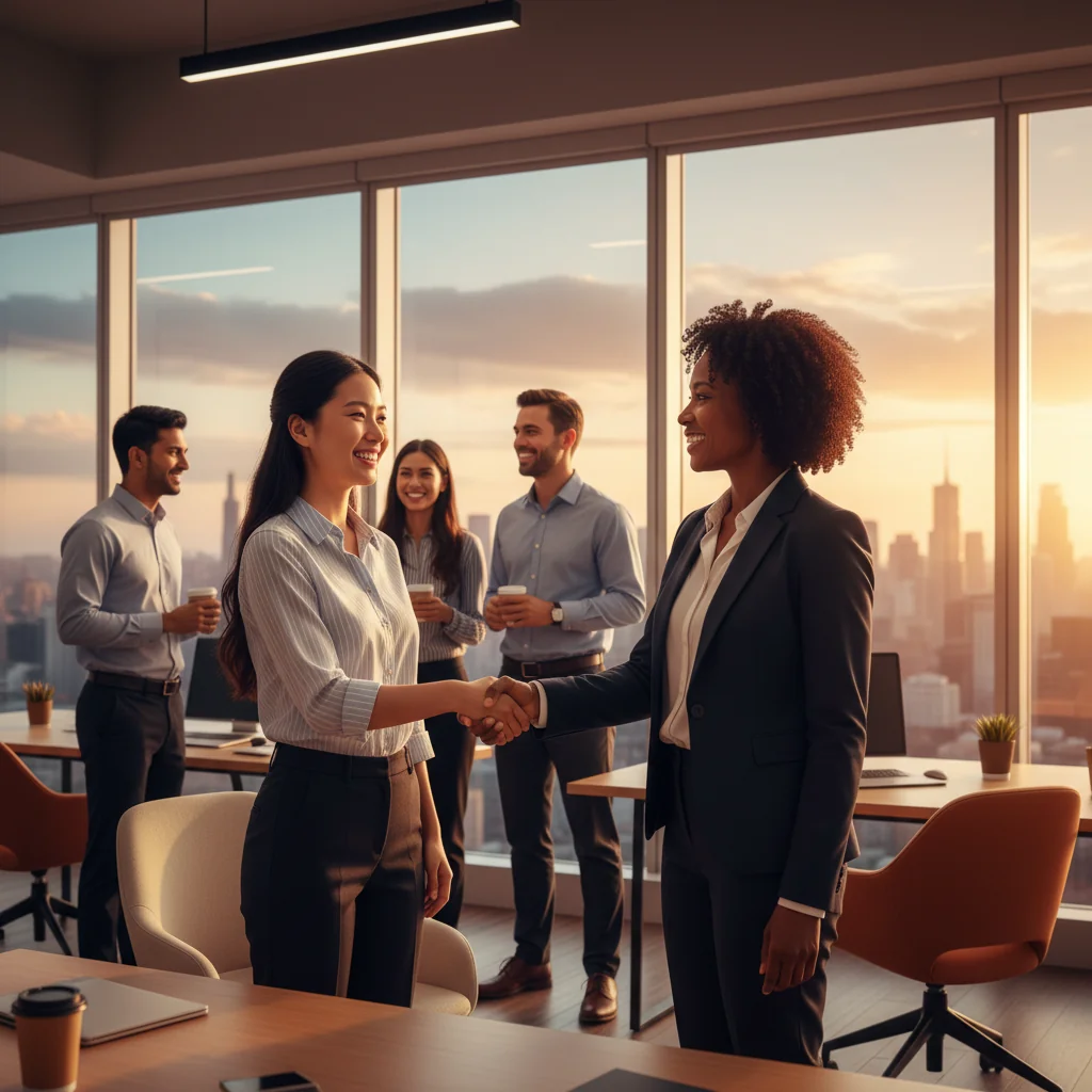 A professional scene depicting the excitement of a new job opportunity, with a diverse group of people shaking hands in a modern office setting, symbolizing the start of employment without focusing on documents.