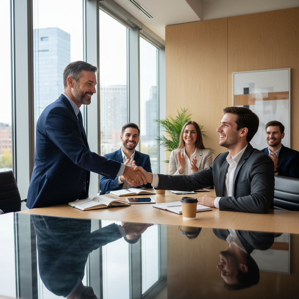A photorealistic image depicting a professional business meeting where a manager is extending a job offer to a candidate across a conference table, symbolizing the excitement of a new opportunity without showing any documents.