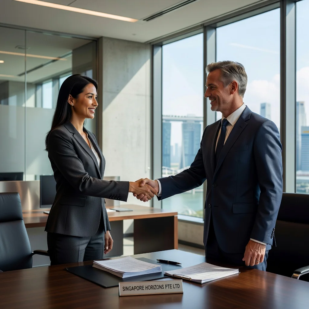 A photorealistic image of a professional adult shaking hands with a business colleague in a modern Singapore office, symbolizing a job offer agreement, with the Singapore skyline visible through the window in the background, conveying success and new beginnings in employment.
