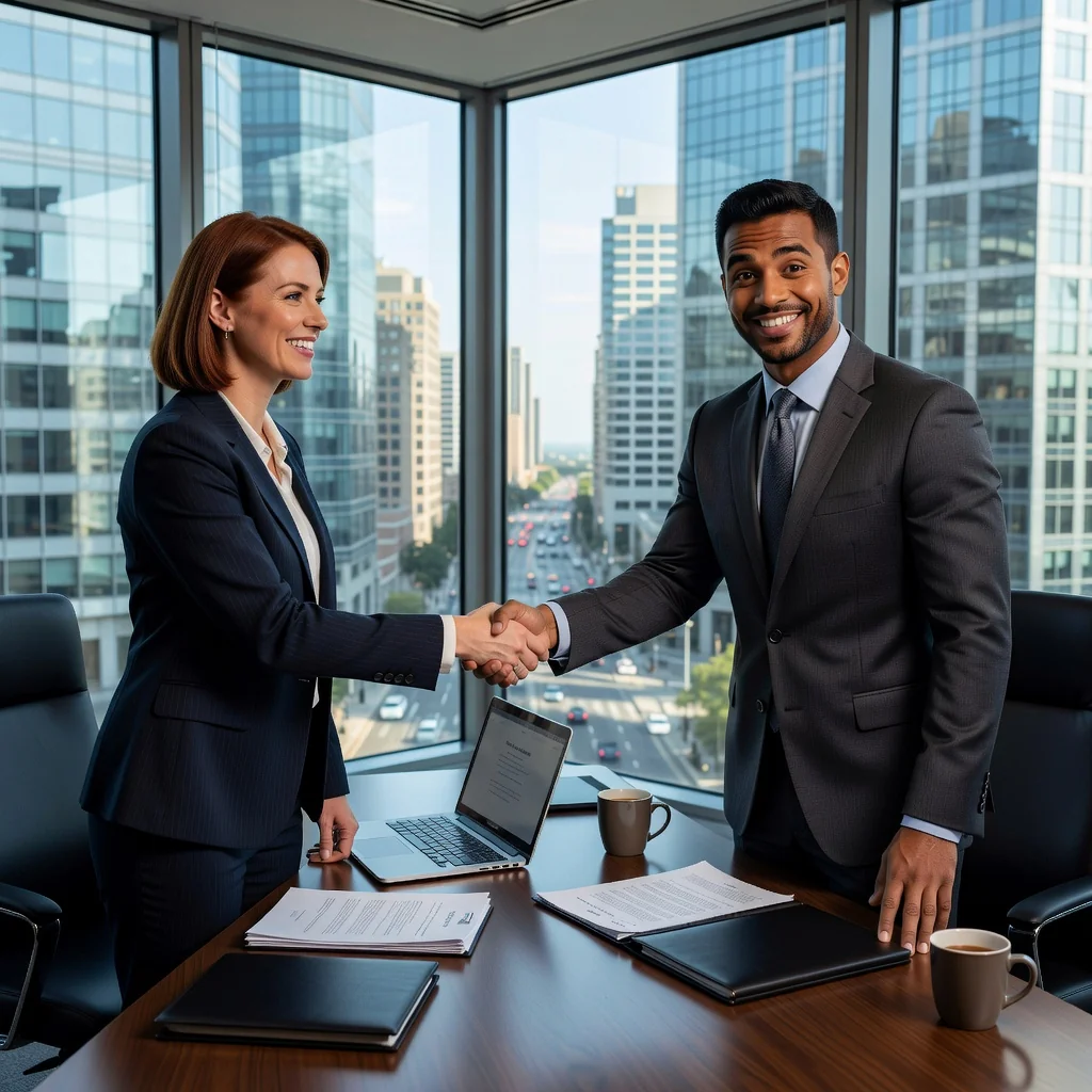 A photorealistic image of a professional adult shaking hands with a hiring manager in a modern office setting, symbolizing successful job offer acceptance and employment opportunity.