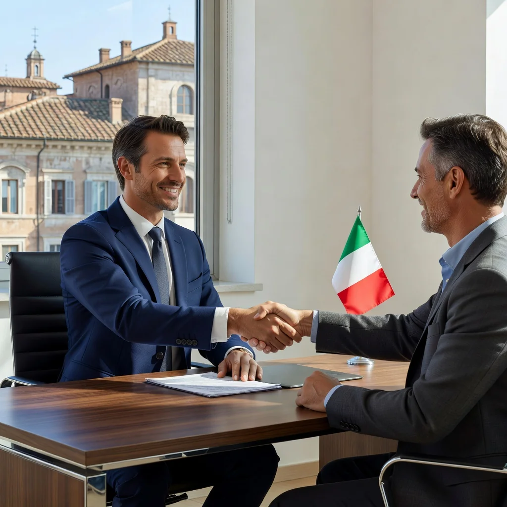 A photorealistic image of a confident adult professional in a modern Italian office setting, shaking hands with a business colleague across a desk, symbolizing successful negotiation of a job offer, with subtle Italian elements like a flag or architecture in the background, no children or documents visible.