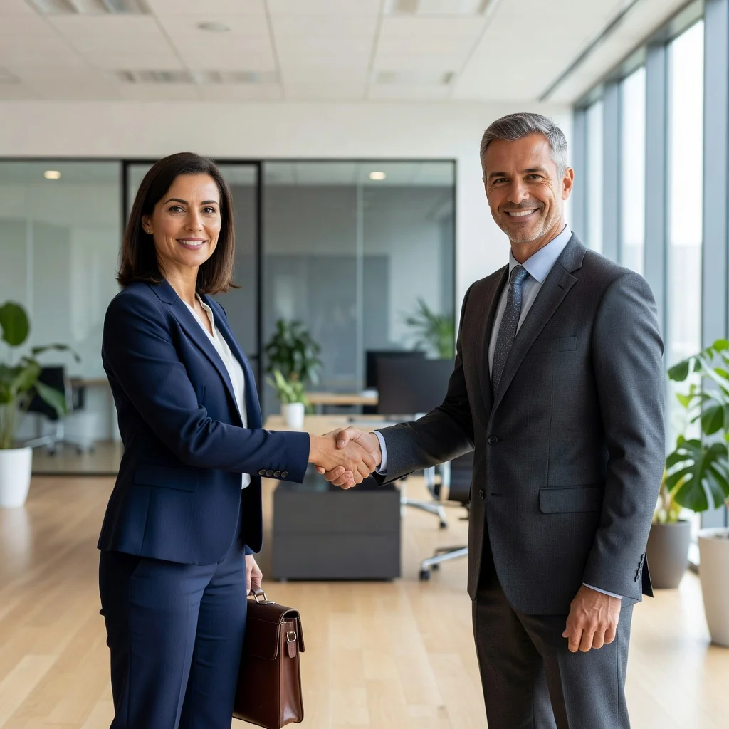 A photorealistic image of a professional handshake between a businessperson and a new employee in a modern office setting, symbolizing the start of a new job opportunity and the essence of a job offer letter, with no children present.