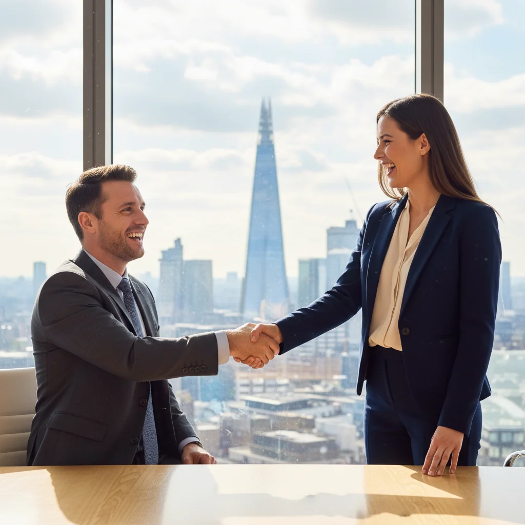 A photorealistic image of a professional adult in a modern office environment, shaking hands with a colleague during a job offer discussion, symbolizing the excitement of receiving an employment offer letter in the UK, with subtle British elements like a Union Jack flag in the background or London skyline view, no children or legal documents visible.