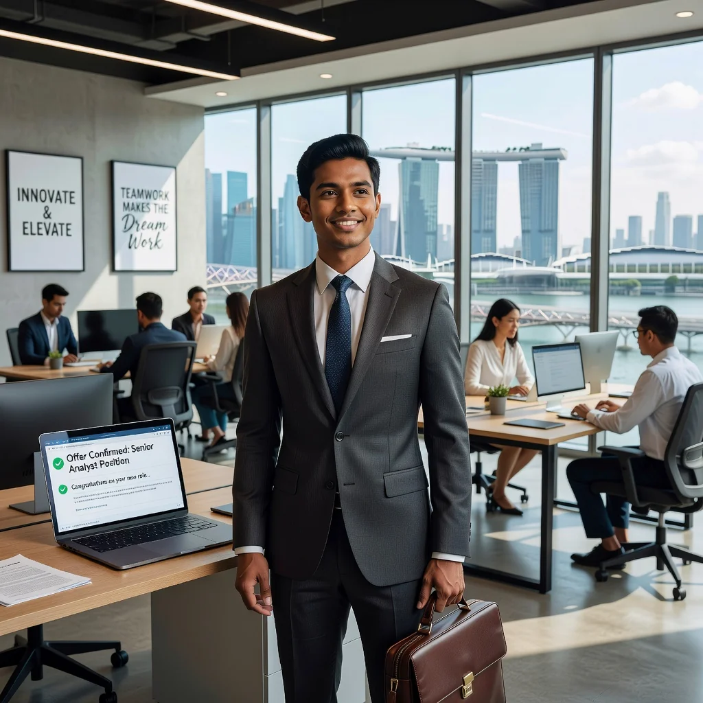 A photorealistic image of a young professional in a modern Singapore office, shaking hands with a colleague after receiving a job offer, symbolizing the excitement of starting a new career in Singapore. The scene captures the bustling city skyline in the background through large windows, emphasizing opportunity and employment success. No children are present in the image.
