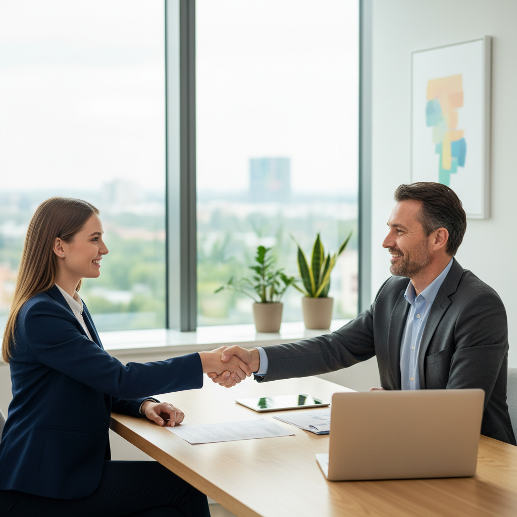 A photorealistic image of a professional adult shaking hands with a businessperson in a modern office environment, symbolizing the excitement of a new job offer and the start of employment, with no legal documents visible.