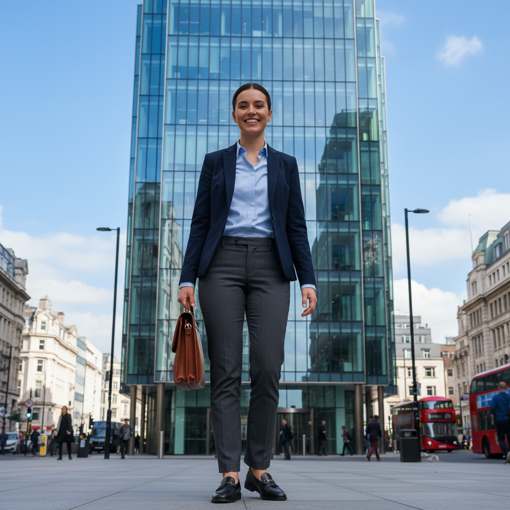 A photorealistic image of a professional adult in their 20s or 30s, dressed in business attire, standing confidently outside a modern UK office building on a bright day, holding a briefcase and smiling with a sense of achievement and new beginnings, symbolizing the excitement of accepting a job offer without focusing on any documents.