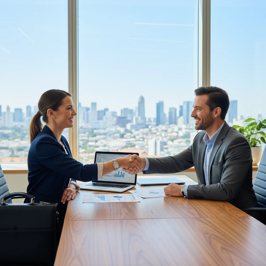 A photorealistic image depicting a joyful adult professional receiving a job offer handshake in a modern office environment, symbolizing the excitement of new employment opportunities, with diverse adult colleagues in the background, no children present.