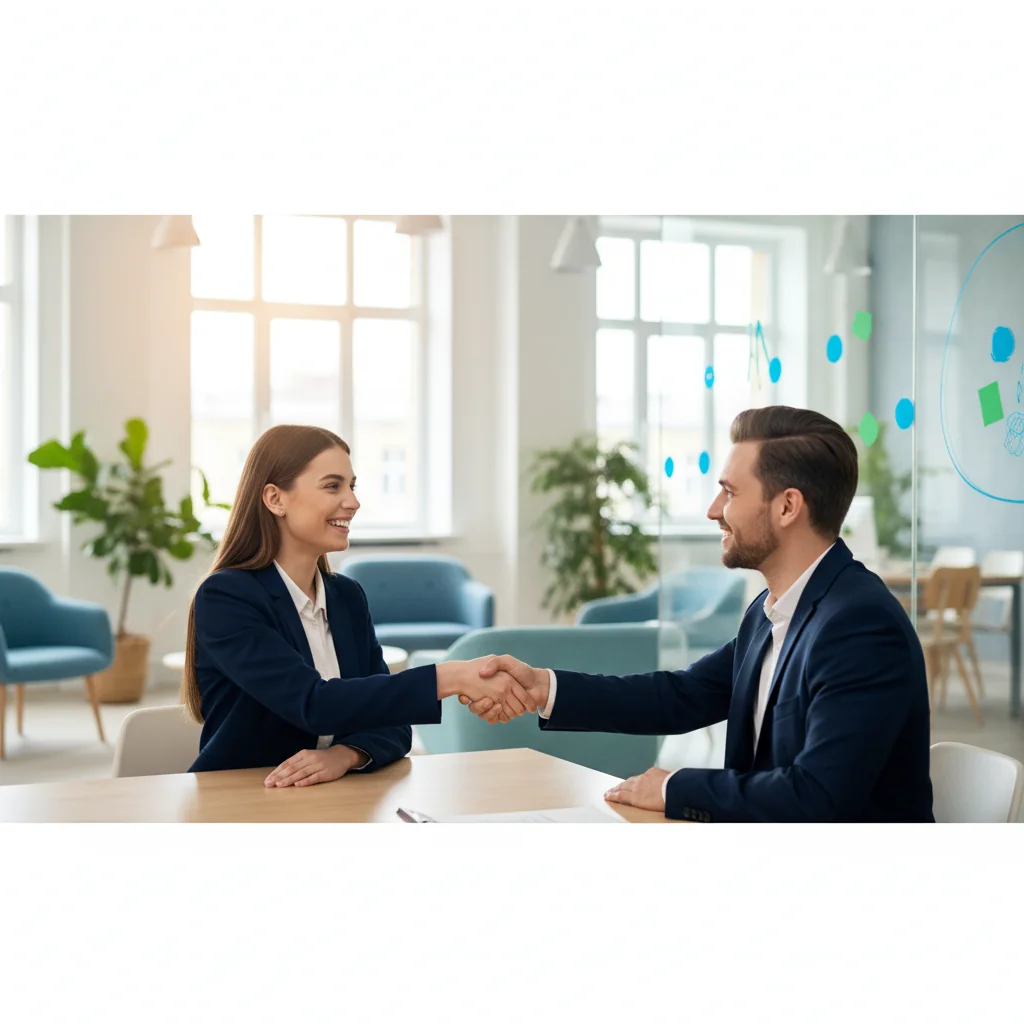 A professional scene depicting the excitement of starting a new job, with a diverse group of colleagues shaking hands in a modern office environment, symbolizing the beginning of an employment journey and the key elements of a job offer.