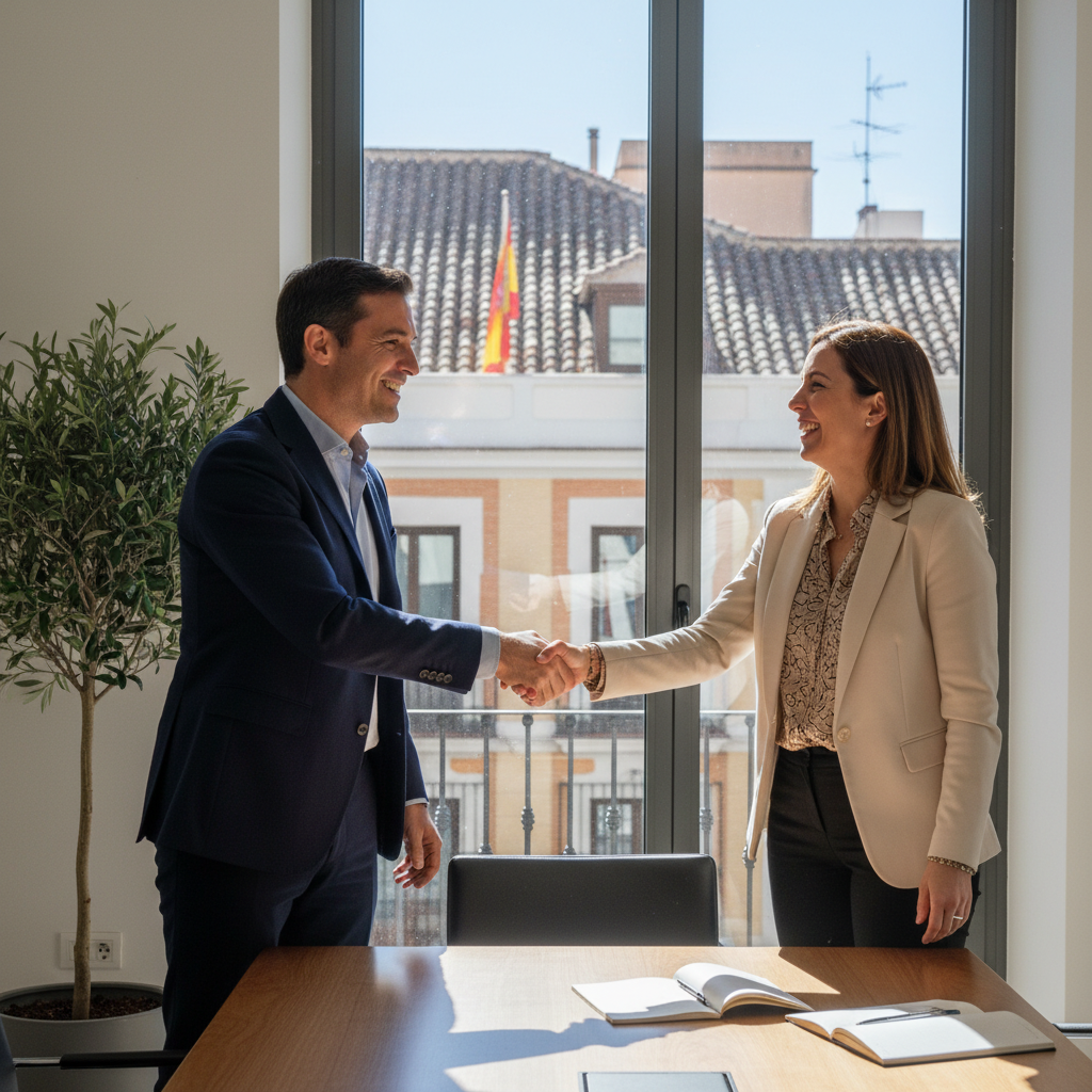 A photorealistic image of a professional handshake between a businessperson and a new employee in a modern Spanish office setting, symbolizing the start of a job offer and employment agreement, with warm lighting and no children present.
