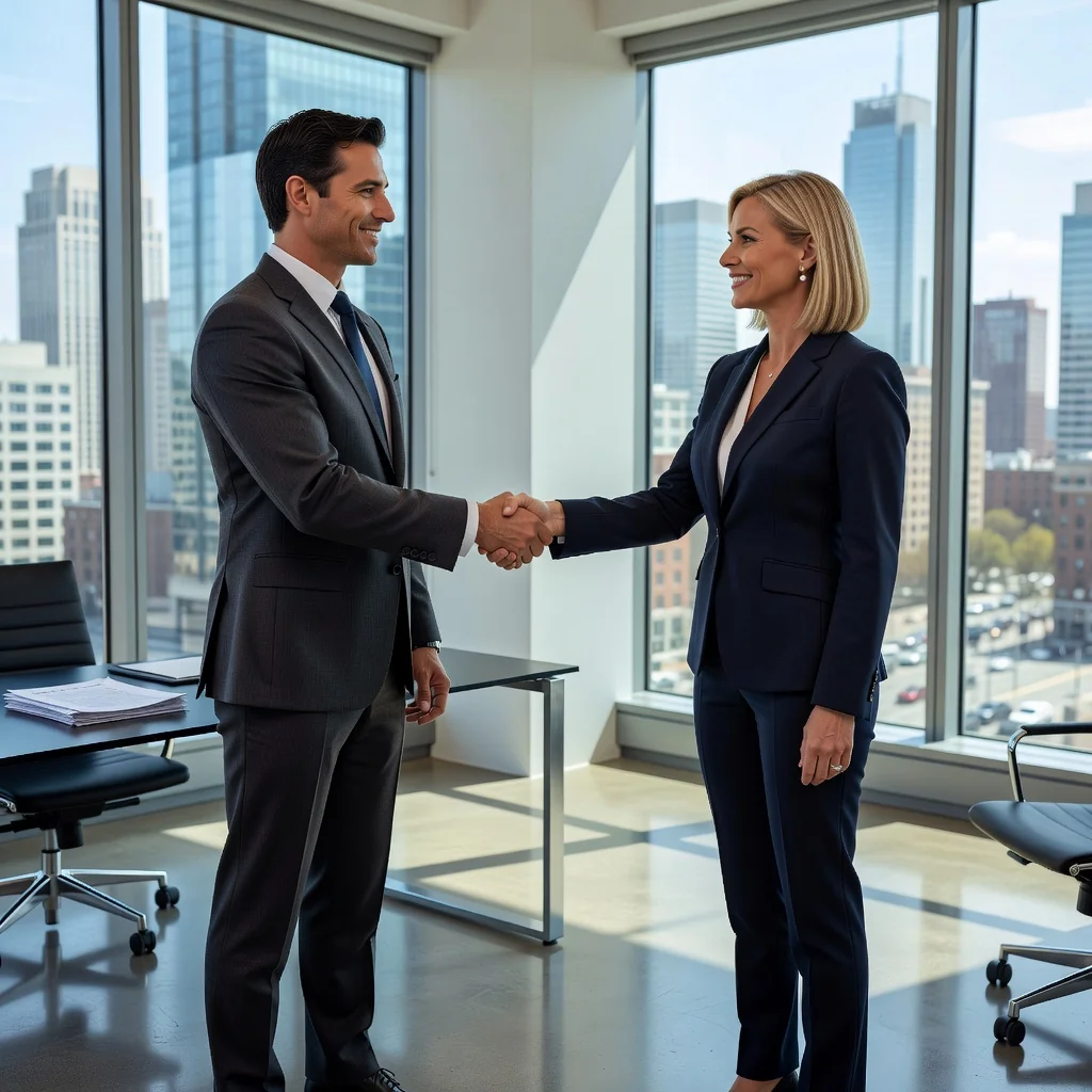 A photorealistic image depicting a professional handshake between a business executive and a new employee in a modern office setting, symbolizing the agreement and excitement of a job offer. The scene conveys success, opportunity, and career advancement without focusing on any documents.