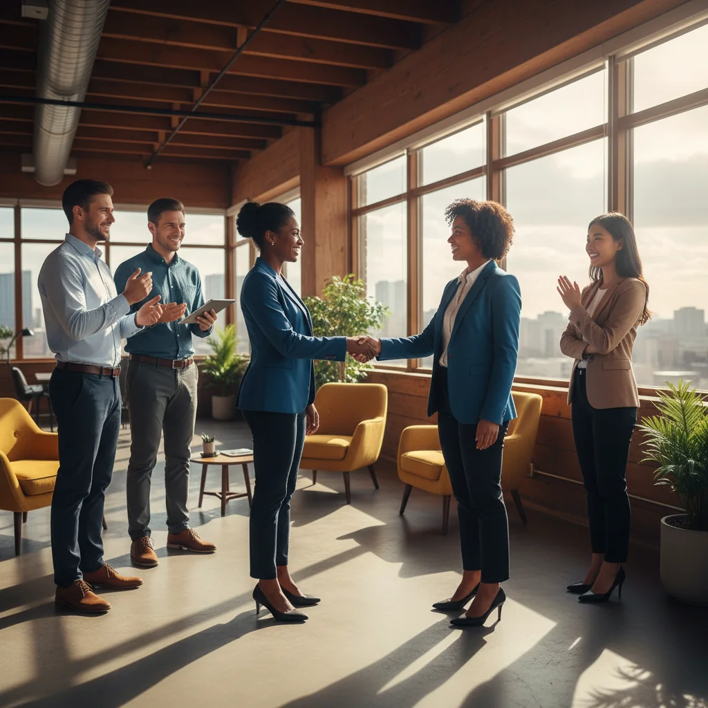 A professional and optimistic scene depicting a successful job offer moment, with a diverse group of business professionals shaking hands in a modern office environment, symbolizing agreement and new beginnings in employment.