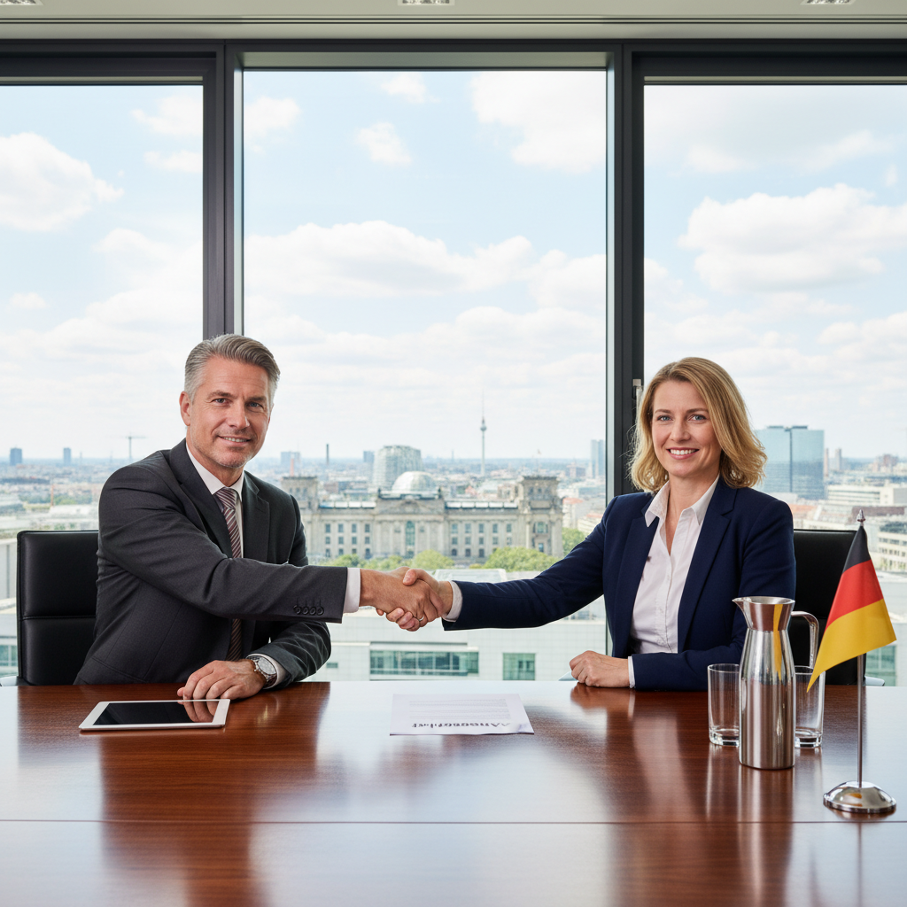 A photorealistic image of a professional business meeting in a modern German office, where a lawyer or business consultant is shaking hands with a client over a table, symbolizing the agreement and offer presentation in an Angebotsbrief document, with subtle German elements like a flag or architecture in the background, no children present.