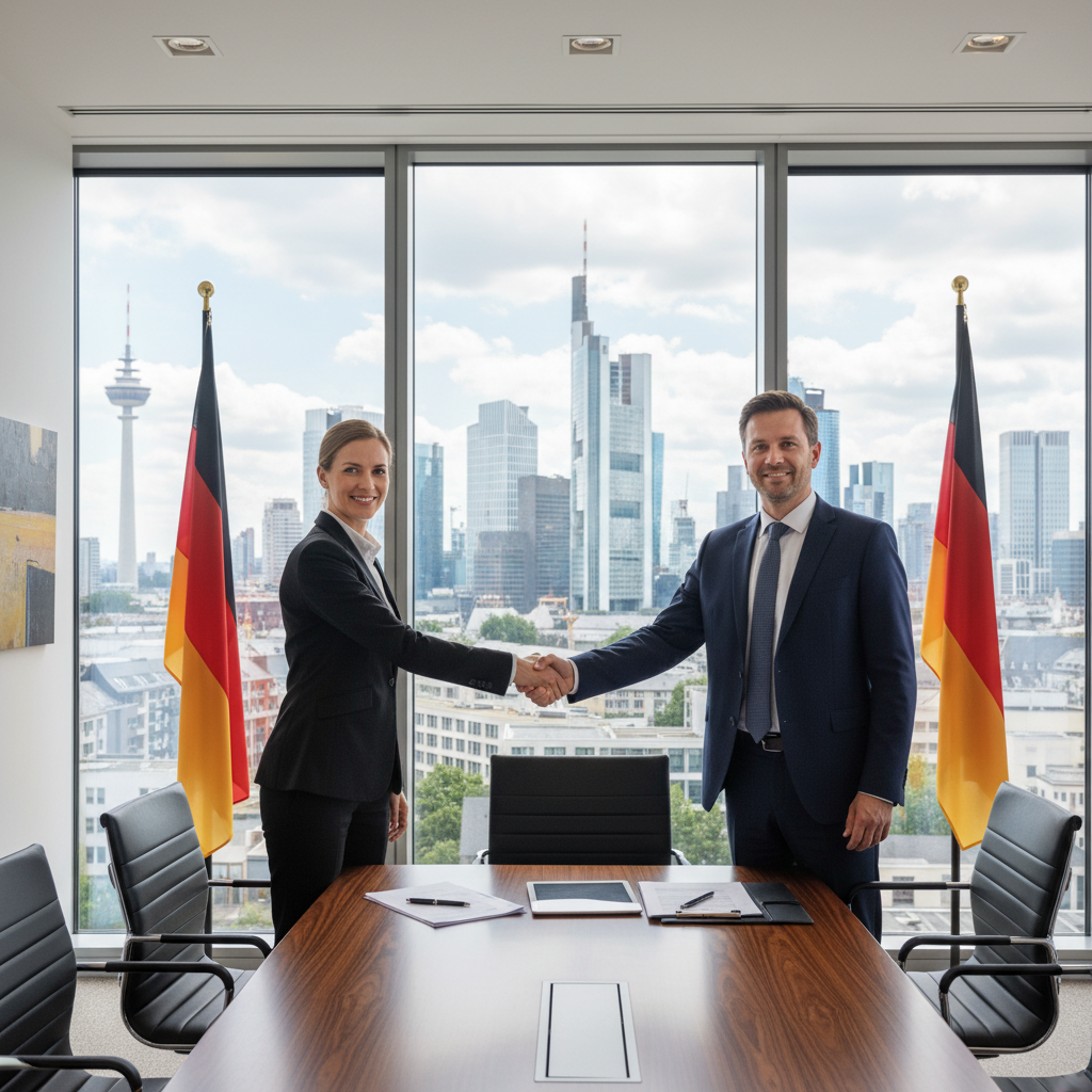 A professional business meeting in a modern German office, with adults shaking hands over a table, symbolizing the agreement and offer process in an Angebotsbrief, no children present, photorealistic style.