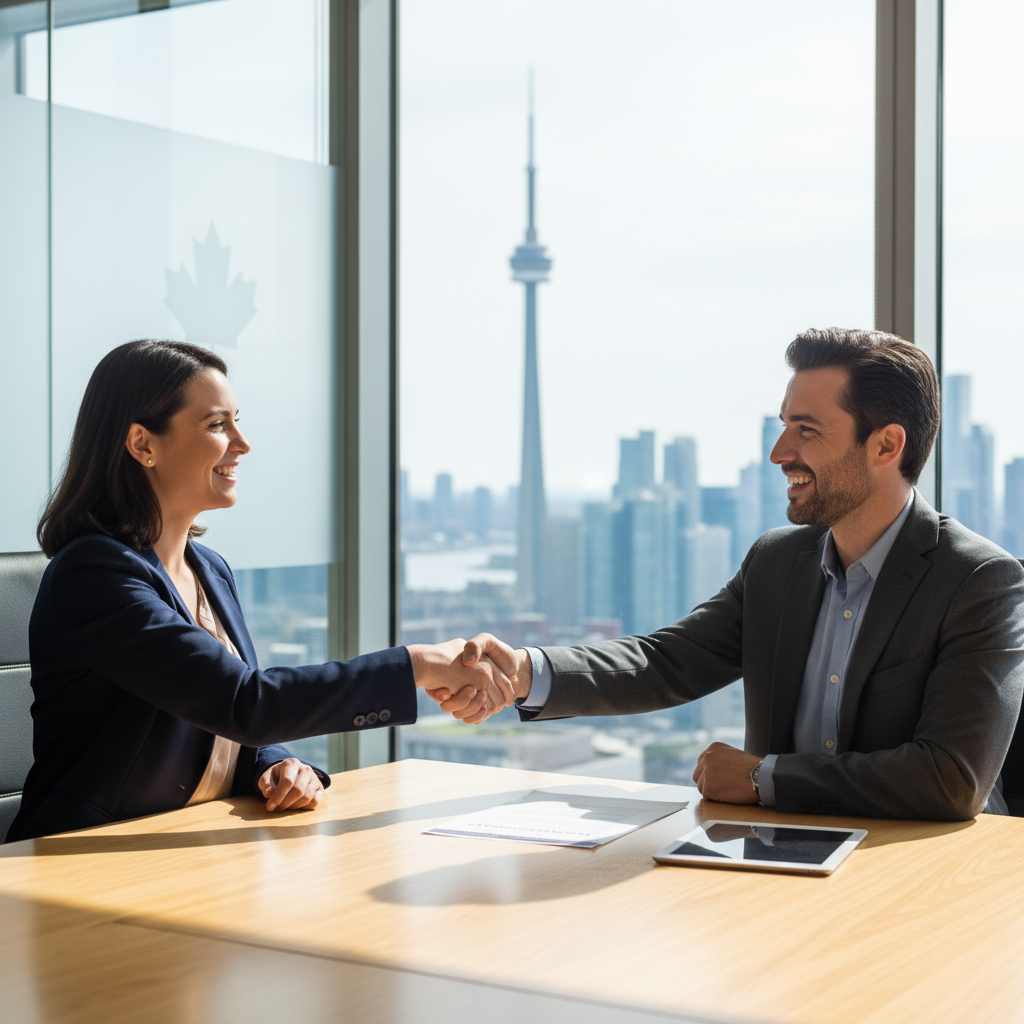 A photorealistic image depicting a professional handshake between a new employee and an employer in a modern Canadian office setting, symbolizing the start of a new job opportunity. The scene includes diverse adults in business attire, with elements like a Canadian flag in the background to represent the location. No children are present in the image.