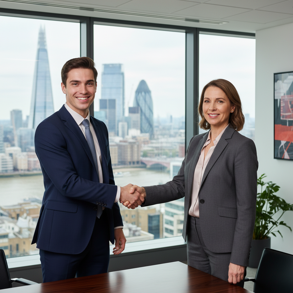A photorealistic image of a professional adult shaking hands with a business executive in a modern UK office setting, symbolizing the start of a new job opportunity related to receiving an offer letter, with no children present and no legal documents visible.