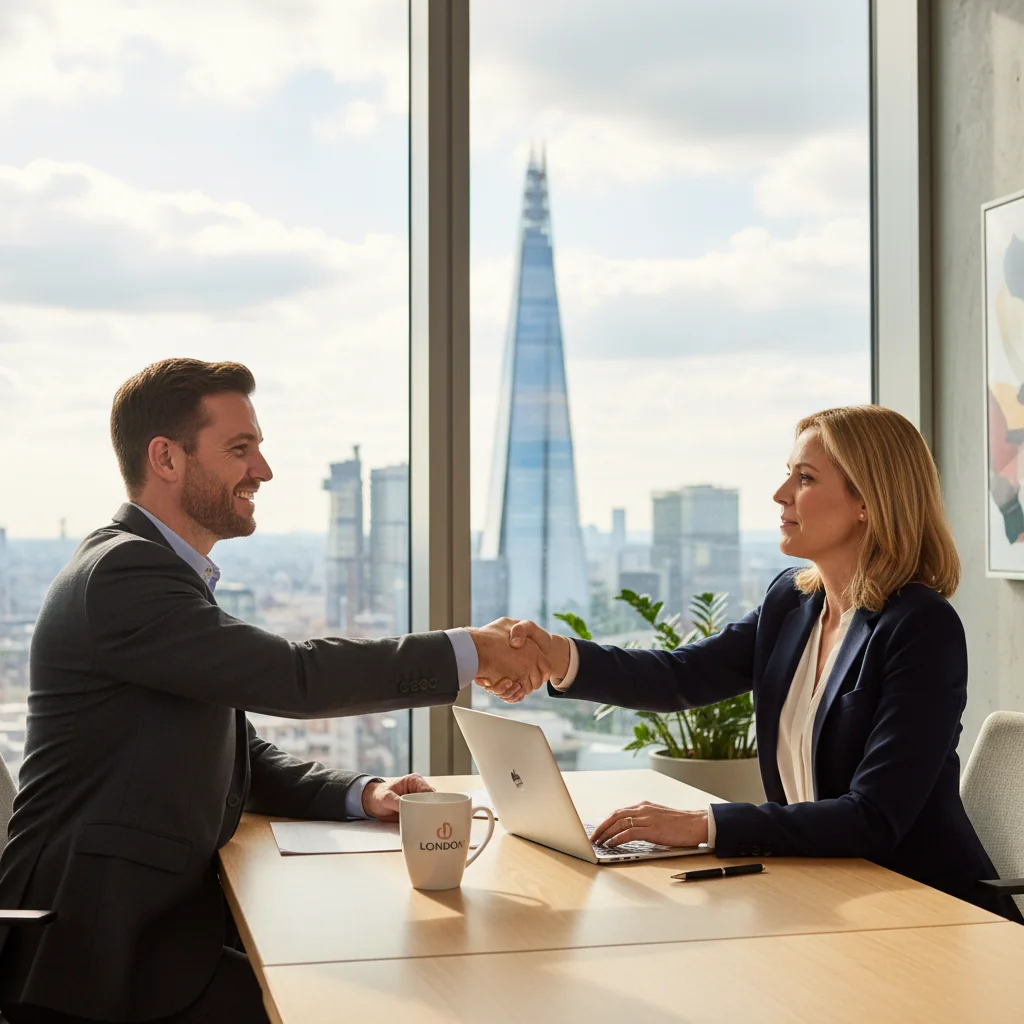 A photorealistic image of a professional adult shaking hands with a hiring manager in a modern office environment, symbolizing the excitement of receiving a job offer in the UK, with subtle British elements like a Union Jack flag in the background, no children present.