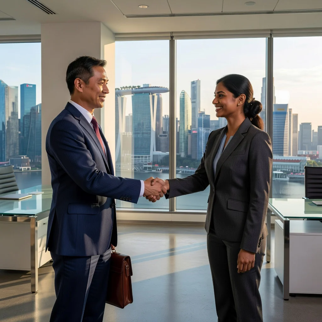 A photorealistic image depicting a professional handshake between a new employee and an employer in a modern Singapore office, symbolizing the start of a job offer acceptance. The scene includes elements like the Singapore skyline visible through large windows, with adults in business attire, conveying excitement and professionalism in employment.