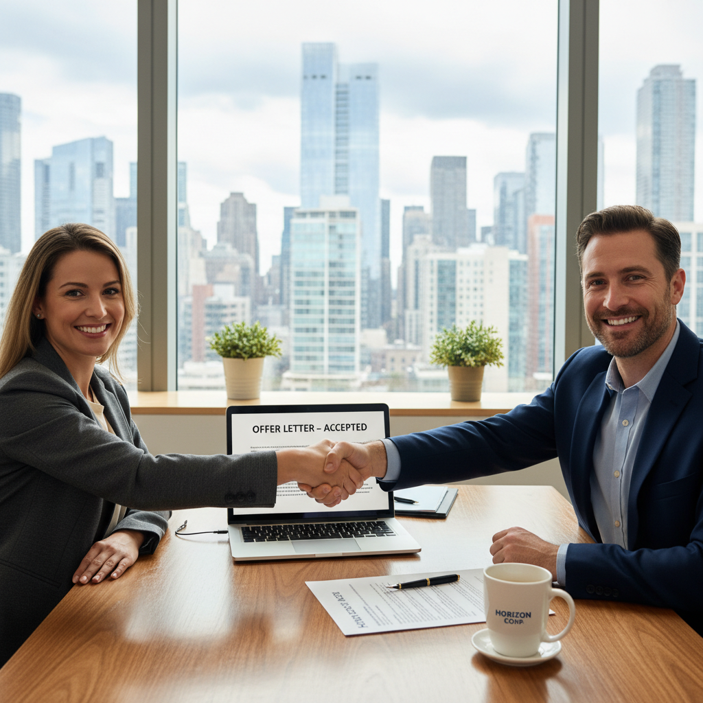 A photorealistic image of a professional adult shaking hands with a hiring manager in a modern office environment, symbolizing the excitement of receiving a job offer, with subtle elements like a briefcase and city skyline in the background to represent career opportunities in the United States.