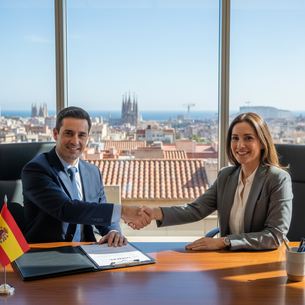 A photorealistic image of a professional adult shaking hands with a recruiter in a modern Spanish office, symbolizing a job offer acceptance, with subtle Spanish elements like a flag or architecture in the background, conveying excitement and opportunity in employment.