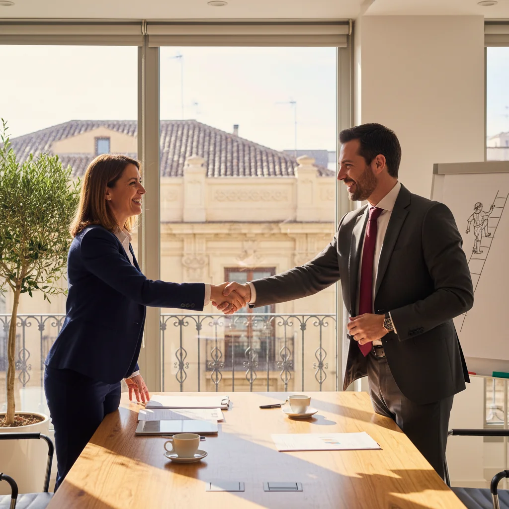A photorealistic image of a professional adult shaking hands with a recruiter in a modern Spanish office, symbolizing a job offer acceptance, with subtle Spanish elements like a flag or architecture in the background. No children or documents visible.
