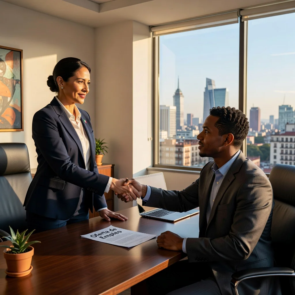 A photorealistic image depicting a professional handshake between a Mexican employer and a new employee in a modern office setting in Mexico, symbolizing the start of a legal employment agreement, with subtle Mexican cultural elements like a flag or cityscape in the background, conveying excitement and opportunity in the job market.