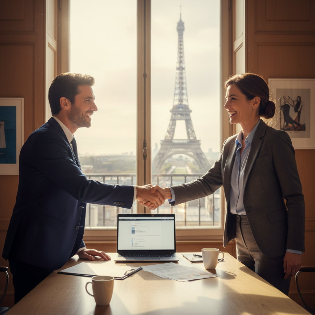 A photorealistic image of a professional adult in a modern French office setting, shaking hands with a colleague to symbolize a job offer acceptance, with subtle French elements like a window view of Paris in the background, conveying excitement and new beginnings in employment.