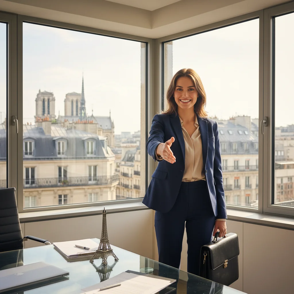 A photorealistic image of a professional adult in a modern French office setting, shaking hands with an employer across a desk, symbolizing the excitement of a new job offer and employment promise, with subtle French elements like a flag or Eiffel Tower view in the background, conveying positivity and career opportunity.