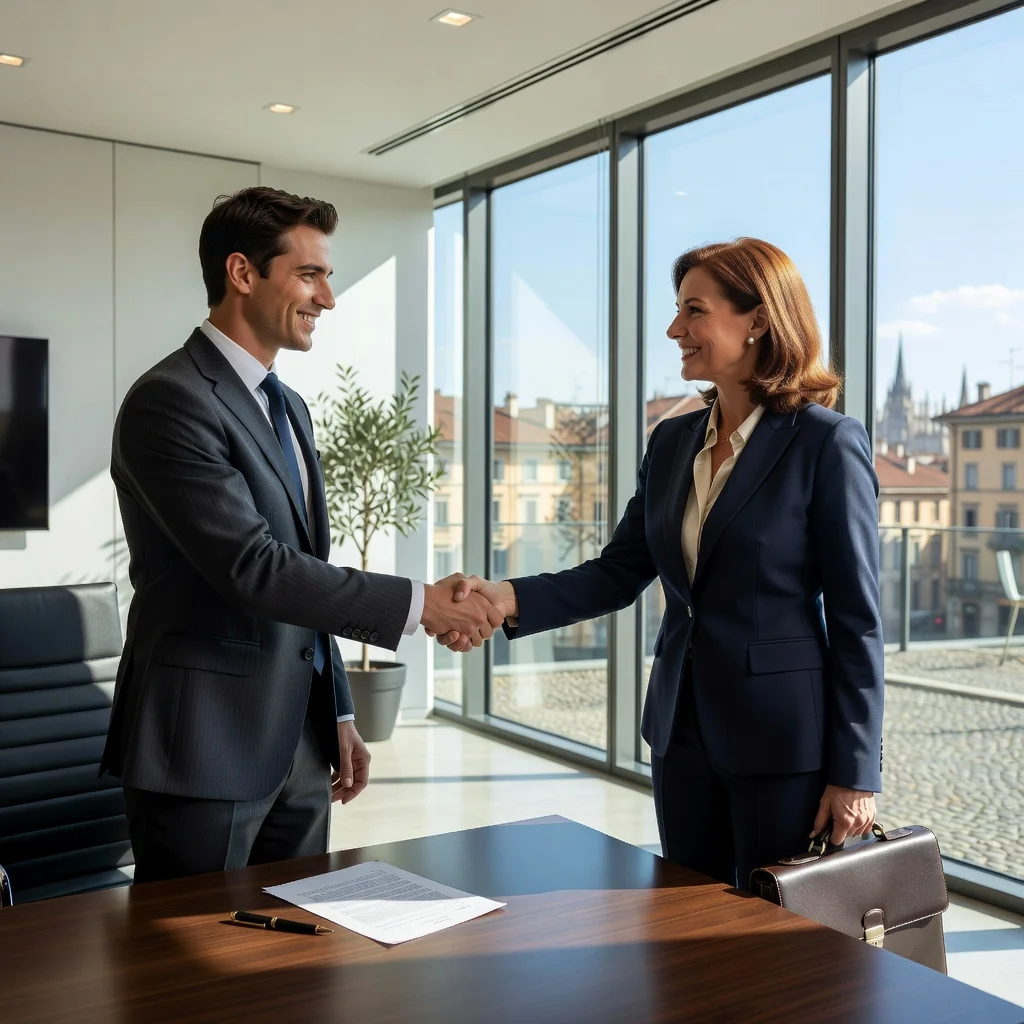 A photorealistic image of a professional adult shaking hands with a business executive in a modern Italian office setting, symbolizing the excitement of receiving a job offer and starting a new career in Italy. The scene captures the moment of agreement on employment terms, with subtle Italian elements like a flag or architecture in the background. No children are present in the image.
