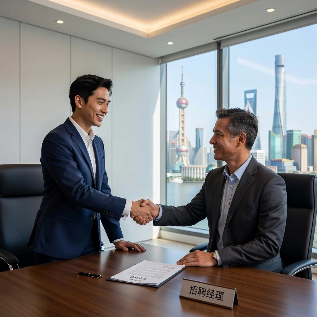 A photorealistic image of a professional adult shaking hands with a hiring manager in a modern Chinese office, symbolizing the excitement of receiving a job offer, with subtle Chinese cultural elements like a city skyline in the background, no children present.