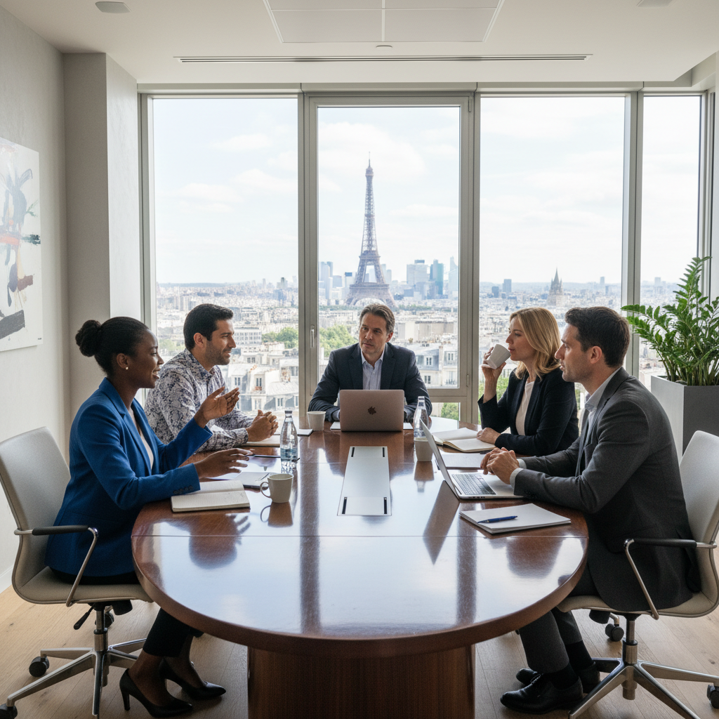 A photorealistic image of a professional business meeting in a modern French office, where a diverse group of adult employees is engaged in a discussion around a conference table, symbolizing company rules and internal regulations. The atmosphere is collaborative and professional, with natural light from large windows overlooking a French cityscape. No children are present.