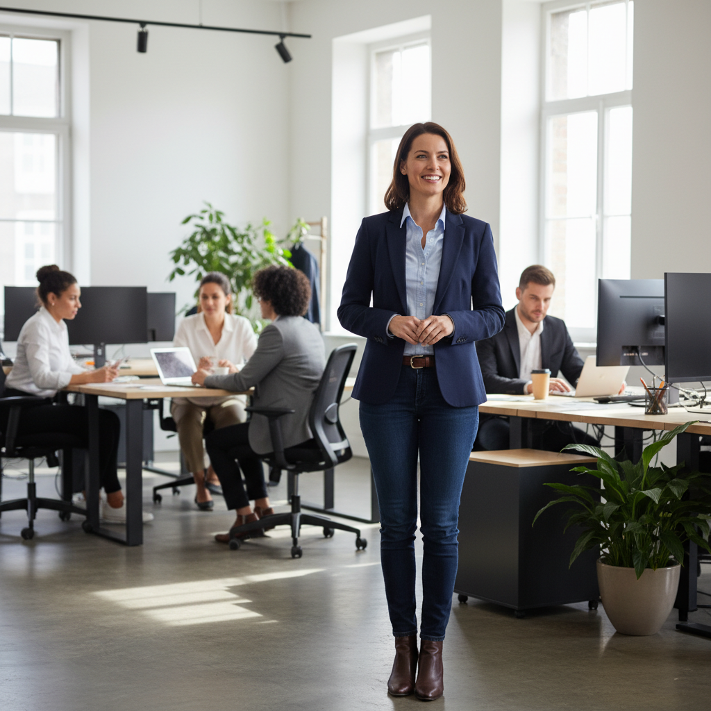 A photorealistic image of a professional adult employee in a modern office environment, looking satisfied and confident after receiving positive feedback on their work performance, symbolizing the purpose of a good employment reference certificate.