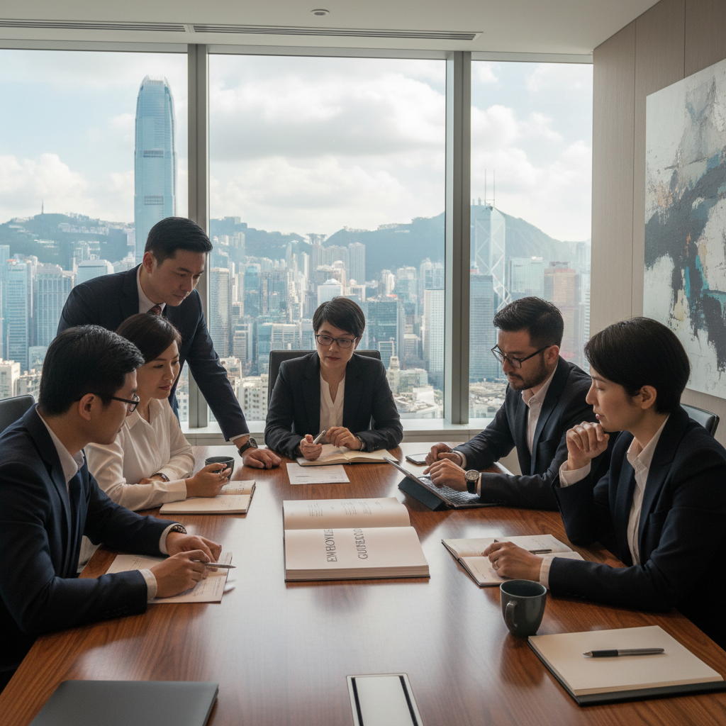 A photorealistic image of a diverse group of adult professionals in a modern Hong Kong office, reviewing an employee handbook together, symbolizing the impact of labor laws on workplace policies. The scene conveys collaboration, professionalism, and compliance, with elements like a city skyline view representing Hong Kong.
