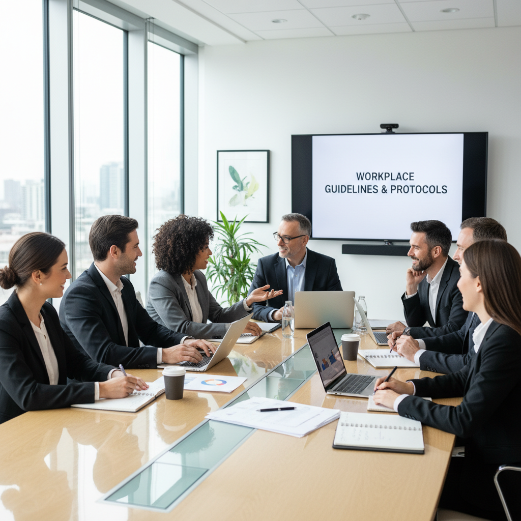 A professional office setting where a diverse group of adults, including a manager and employees, are engaged in a collaborative meeting around a conference table, discussing workplace policies with focused expressions, symbolizing the creation and implementation of internal company rules compliant with labor laws.