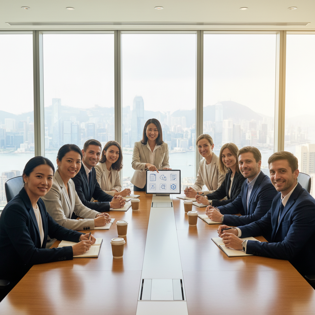 A photorealistic image of a diverse group of professional adults in a modern Hong Kong office setting, engaged in a collaborative meeting. They are reviewing workplace policies on a tablet and discussing compliance guidelines, symbolizing the creation of a compliant employee handbook. The atmosphere is positive and professional, with elements like a city skyline view through the window to evoke Hong Kong. No children are present in the image.