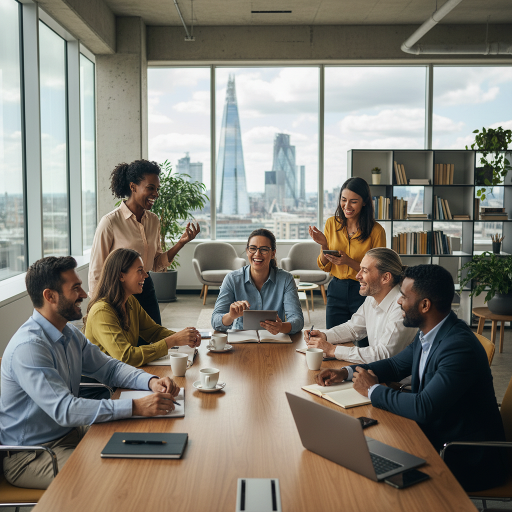 A photorealistic image of a diverse group of adult professionals in a modern UK office environment, engaged in a collaborative meeting around a conference table. They are smiling and discussing work matters, symbolizing the supportive and structured workplace policies outlined in an employee handbook. The scene conveys professionalism, teamwork, and employee well-being, with no children present and no focus on legal documents.