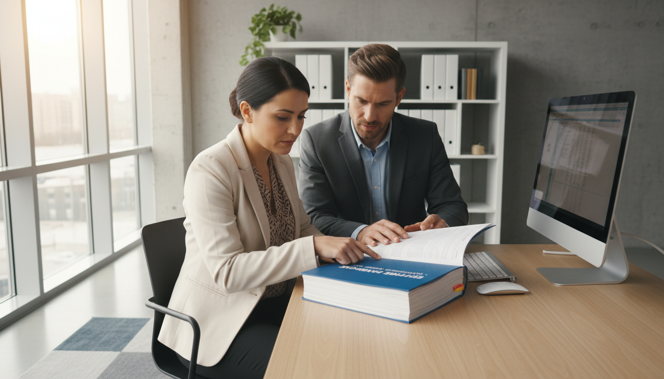 Professional employees reviewing handbook