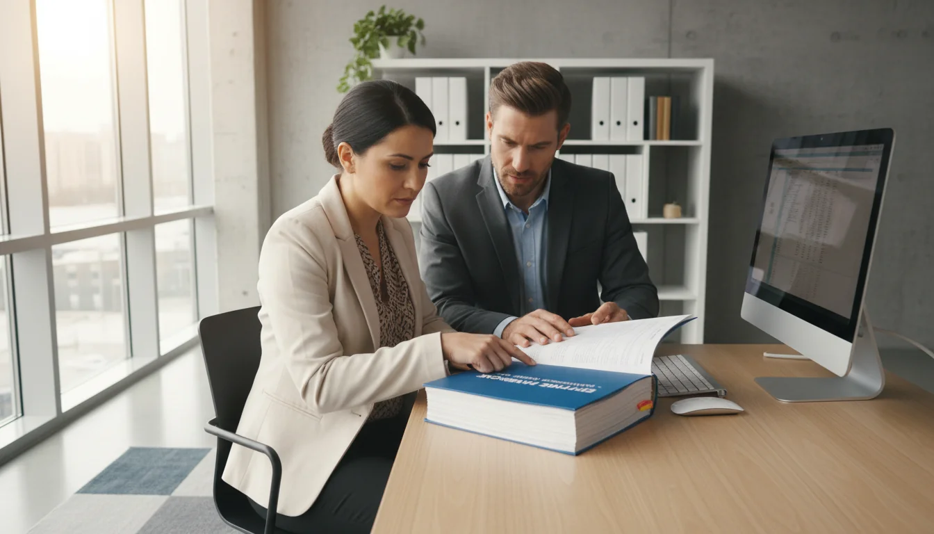 Professional employees reviewing handbook