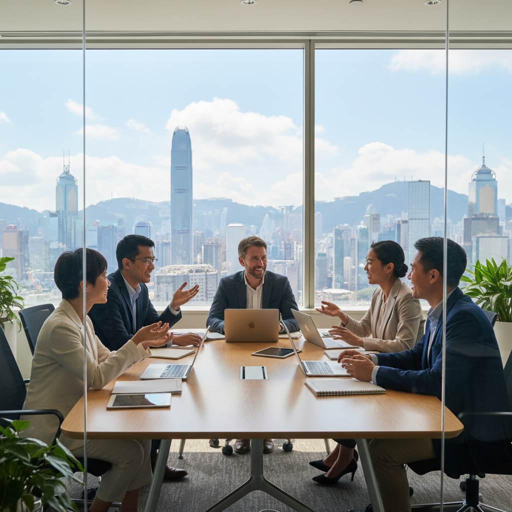A photorealistic image of a diverse group of adult professionals in a modern Hong Kong office environment, engaged in collaborative work around a conference table, symbolizing workplace policies and employee handbook guidelines. The scene captures the vibrant energy of a professional team in a bustling city setting, with elements like city skyline views through windows, but no legal documents visible. Ensure no children are present in the image.